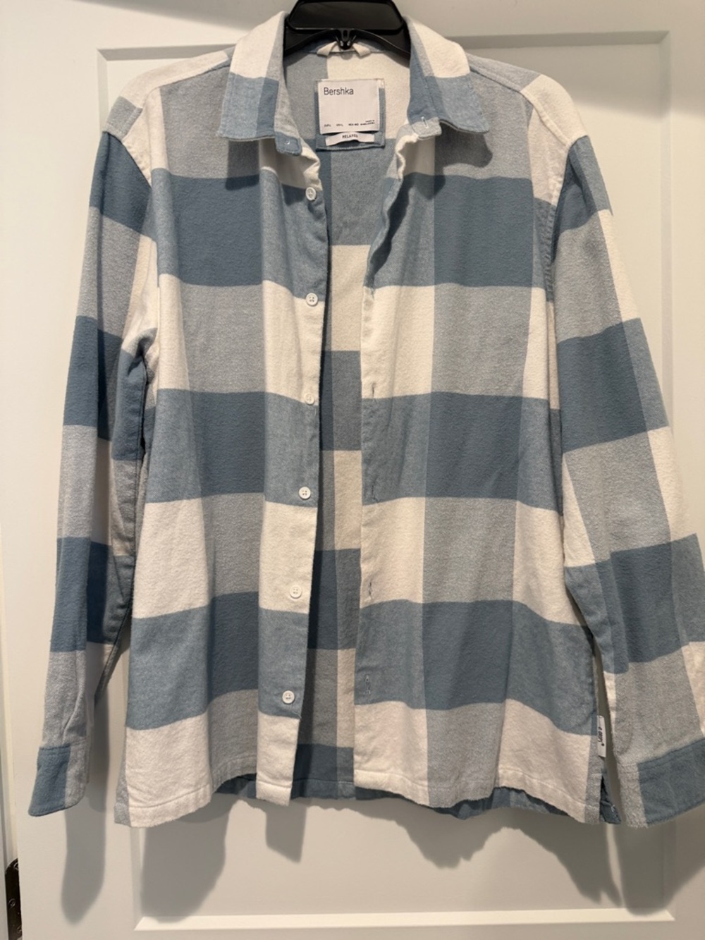 Bershka Blue and White Wide-Check Button-Down Shirt